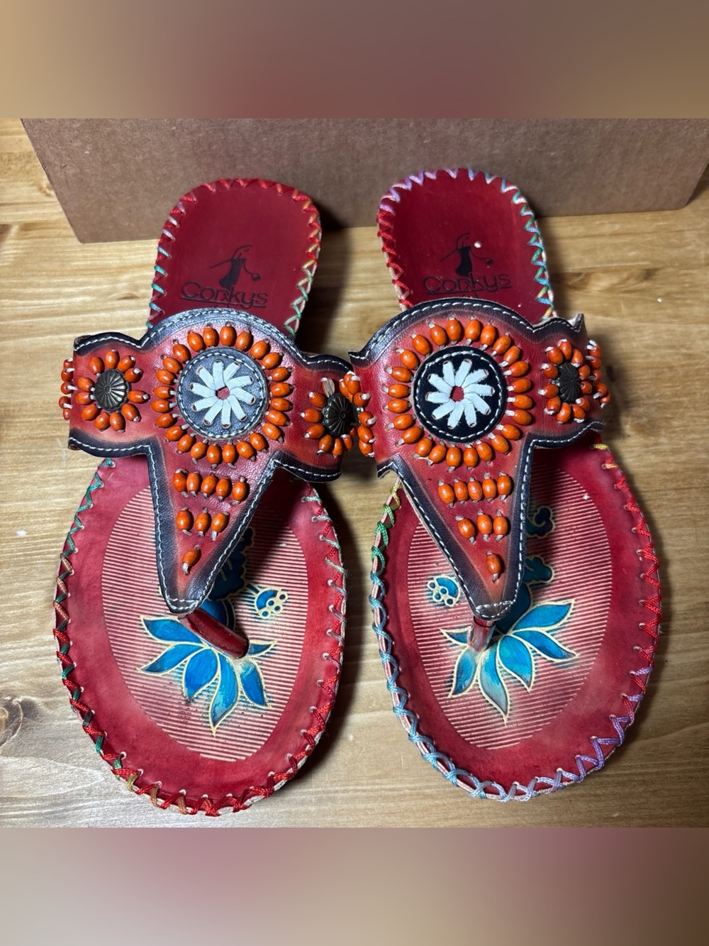 Elite Corky's Sandals Leather Colorful Hand Painted Floral Sz6.5 Beaded Beach 37